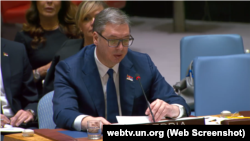 Претседателот на Србија за време на неговото обраќање на сесијата на Генералното собрание на Обединетите нации на 22 април 2024 година во Њујорк, САД
