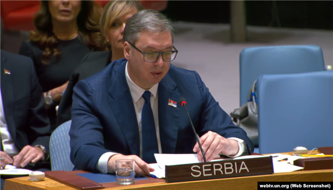 Presidenti serb, Aleksandar Vuçiq në takimin e 22 prillit në Këshillin e Sigurimit të Kombeve të Bashkuara.