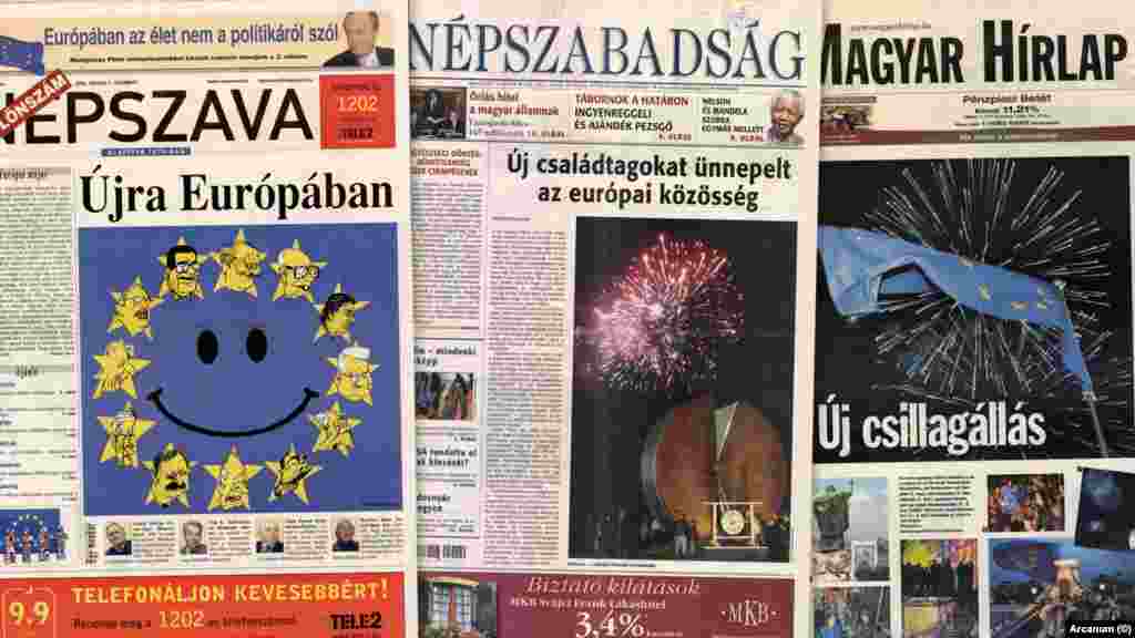 Címlapok 2004. május 1-jén. Húsz évvel ezelőtt csatlakozott Magyarország az Európai Unióhoz. A rengeteg változás ellenére Magyarországon továbbra is többségben vannak az uniópártiak, amihez hozzájárulhat, hogy két évtized alatt rengeteg pénz érkezett a gazdaságba az EU-ból