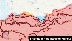  Детайл от карта на бойните дейности, 24.09.2023. Червената територия е завзета от Русия. В синьо - украинският кулоар, формиран от пробива на съветските позиции. Червените триъгълници са съветски укрепления. Кръгът долу в средата демонстрира по какъв начин Русия брани жп възела в Токмак. 