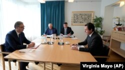 Од лево кон десно: Александар Вучиќ, Јозеп Борел, Мирослав Лајчак и Албин Курти во Брисел (14.09.2023)