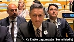 Denis Bećirović na sjednici Generalne skupštine UN-a kada se glasalo o usvajanju rezolucije o genocidu u Srebrenici, New York, SAD, 23. maja 2024.