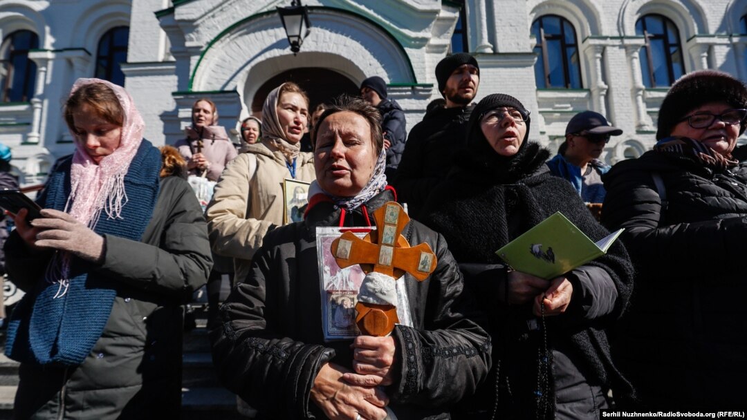 UOC supporters gather at the Kyiv-Pechersk Lavra in Kyiv on March 30.