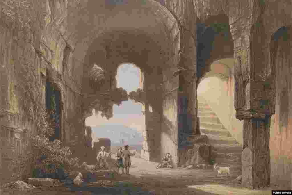Ruinele unei biserici neidentificate din Crimeea. Carlo Bossoli și-a petrecut mare parte a tinereții la Odesa, pe vremea când orașul era parte a Imperiului Țarist. Din 1840 până în 1842, a călătorit în întreaga peninsulă și a reușit să-i captureze cultura și peisajele, înainte de inventarea camerelor foto.