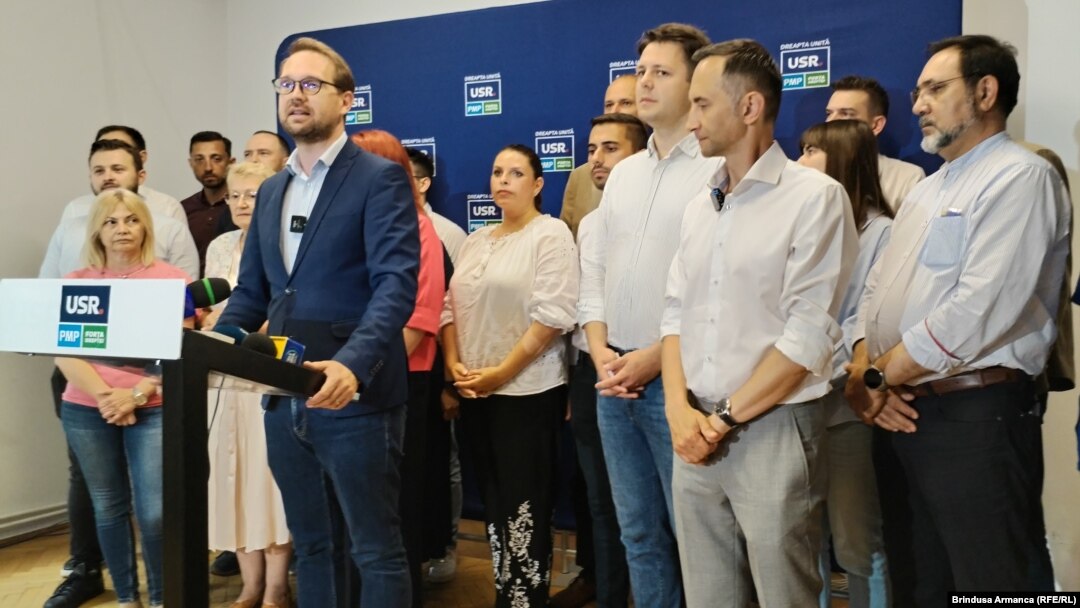 Dominic Fritz la conferința de presă USR din 10 iunie, a doua zi după ce a fost ales primar al Timișoarei pentru al doilea mandat