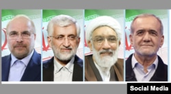 Candidații la președinția Iranului (de la stânga la dreapta): Mohammad Baqer Qalibaf, Saeed Jalili, Mostafa Purmohammadi și Masud Pezeshkian