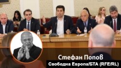 Колаж с автора на фона на кадър от преговорите между лидерите на ГЕРБ-СДС и "Продължаваме промяната-Демократична България".