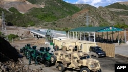 A view of an Azerbaijani checkpoint set up at the entry of the Lachin Corridor.