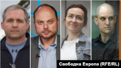 Paul Whelan, Vladimir Kara-Murza, Alsu Kurmașeva și Evan Gershkovich (de la stânga la dreapta) se numără printre persoanele deținute în Rusia care au fost eliberate pe 1 august într-un amplu schimb de prizonieri.