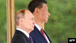 Президент России Владимир Путин (слева) и председатель КНР Си Цзиньпин (справа) стоят во время официальной церемонии встречи в Пекине