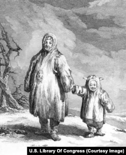 Indigenă și copil din Siberia îmbrăcați în blănuri.