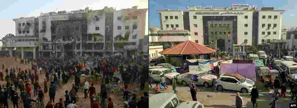Kombinovana fotografija bolnice Al Šifa. S leve strane 1. aprila posle povlačenja izraelskih snaga, a s desne 10. decembra 2023. kada su raseljeni Palestinci potražili utočište unutar bolničkog kompleksa.