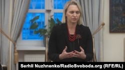 Ambassador Bridget Brink during a press briefing in Kyiv on February 20.