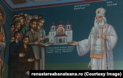 Portretul votiv al primarului din Tomnatic a fost înlocuit cu figuri imaginând comunitatea care susține biserica împreună cu mitropolitul Banatului