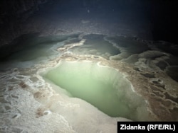 A lake made from water dissolving calcite, a mineral in limestone