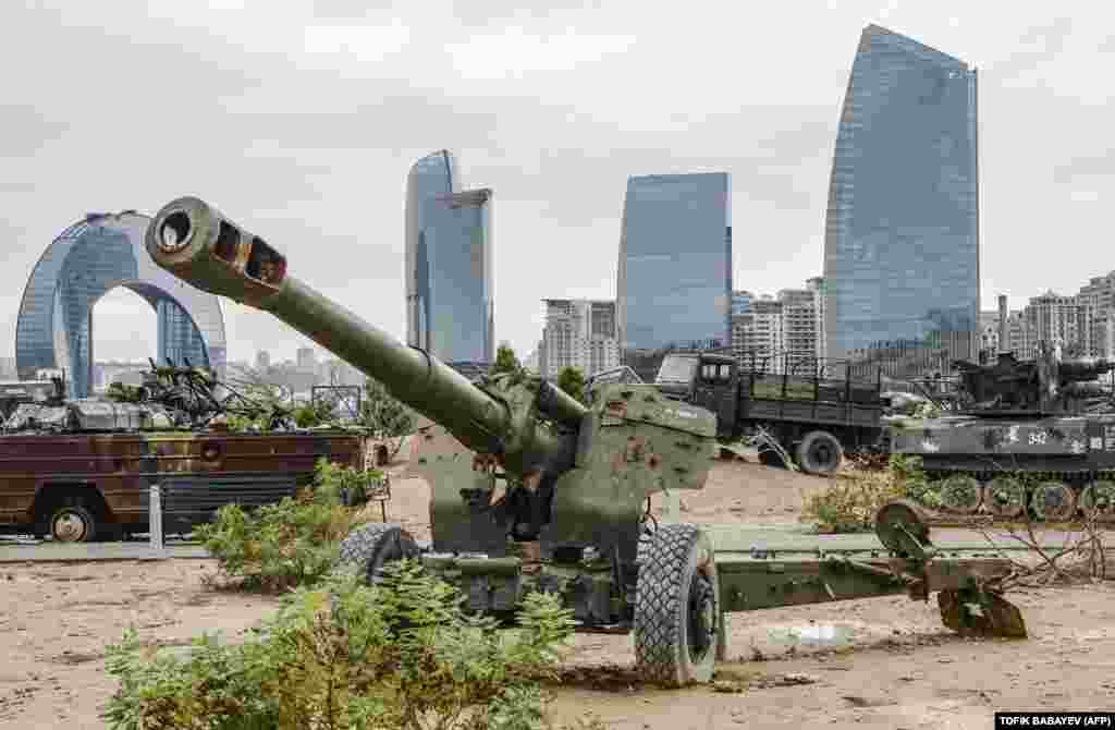 Captured Armenian arms are displayed at a memorial exhibition in Baku.