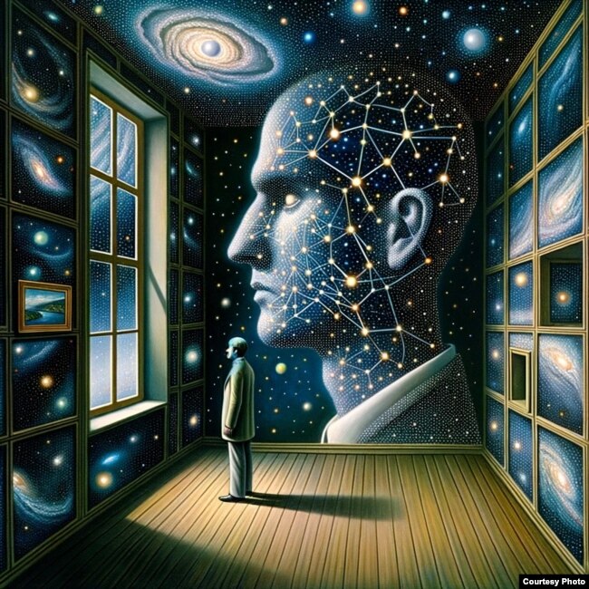 Михаил Эпштейн в соавторстве с нейросетью Dell–E 3, Chat GPT4. Портрет искусственного интеллекта в стиле Рене Магритта