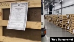 A screen grab from a viral video that purportedly shows makeshift wooden coffins with death certificates tacked onto each one at Tolmachevo Airport in the Siberian city of Novosibirsk. 
