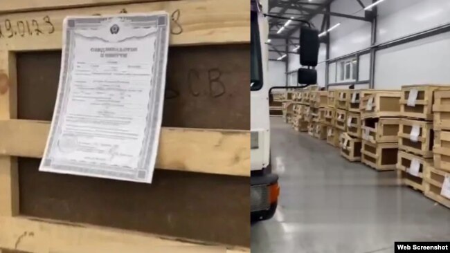 A screen grab from a viral video that purportedly shows makeshift wooden coffins with death certificates tacked onto each one at Tolmachevo Airport in the Siberian city of Novosibirsk. 