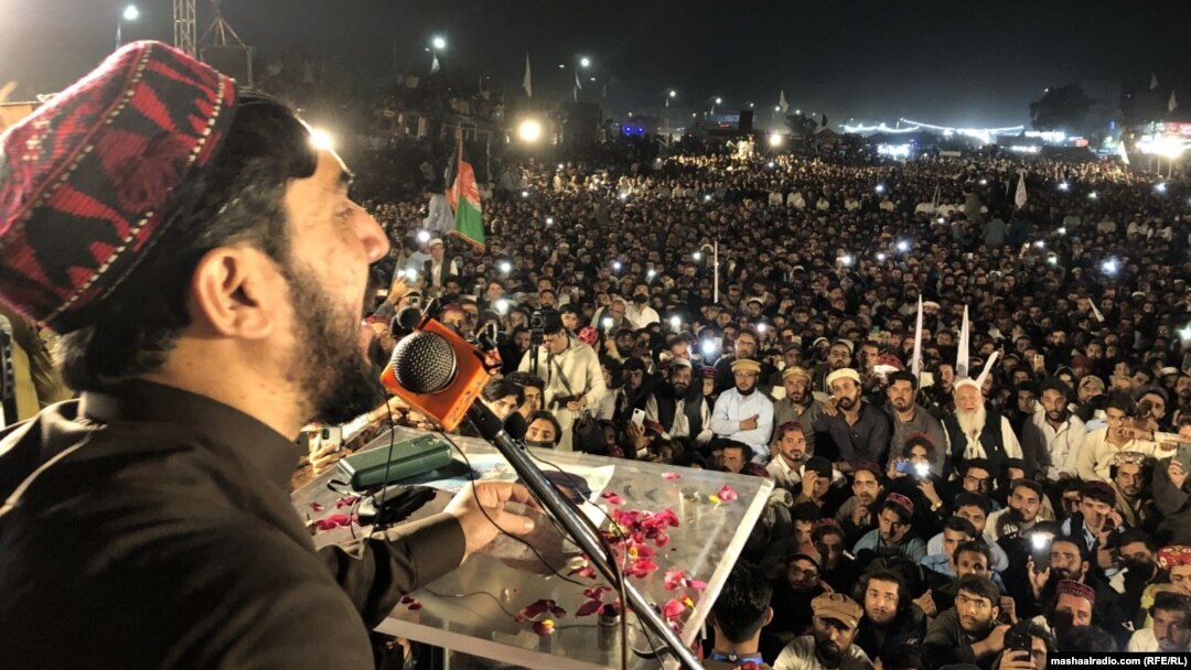 Manzoor Pashteen, the leader of the Pashtun Tahafuz Movement, gives a speech at a rally in Karachi earlier this year. 
