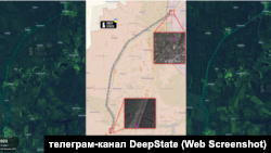 На супутникових знімках Sentinel-1 чітко видно ланцюг із вагонів на окупований частині Донецької області. Ілюстрація: графіка DeepState з використанням супутникових зображень, датованими 10 травня 2023 року та 6 лютого 2024-го