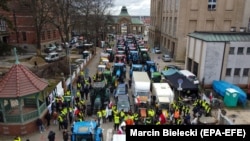 Polish farmers block a street during a protest in Szczecin, northwestern Poland, on April 3.