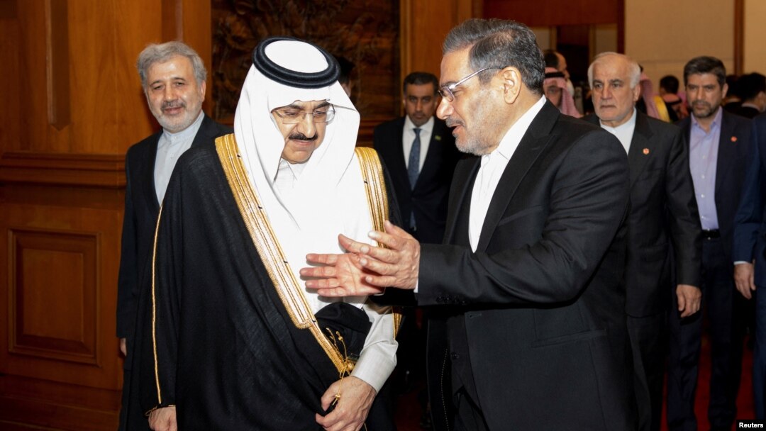 The visit to Abu Dhabi by Iranian Supreme National Security Council Secretary Ali Shamkhani (right) comes on the heels of a March 10 meeting in Beijing with Saudi Arabia's state minister, Musaad bin Muhammad al-Aiban (left).