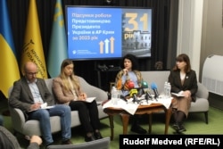 Денис Чистиков, Марія Томак, Таміла Ташева, Ольга Куришко – брифінг у Представництві Президента України в АР Крим, Київ. 19.12.2023 року (архівне фото)