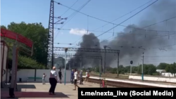 Пожежа на нафтобазі біля залізничної станції Елеваторна. Селище Октябсрьке, Крим, Красногвардійський район, 22 липня 2023 року