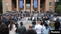 Armenia - Protesting students dance outside Yerevan State University, May 14, 2024.