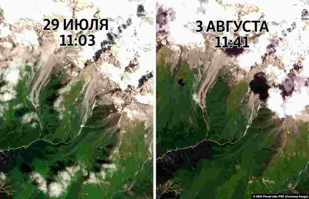 У ледника Буба, где, по предварительным данным Национального агентства окружающей среды, произошел обвал скального массива, на снимках от 29 июля и 3 августа (утром) никаких существенных изменений не фиксируется. Часть изображения на фотографии от 3 августа скрыта облаком.