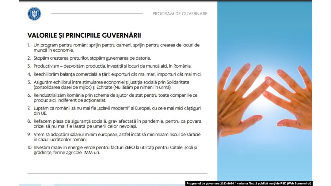 Punctul 7 al principiilor din cea de-a doua variantă a programului de guvernare 2023-2024 vorbește despre români ca „sclavii moderni ai Europei”.