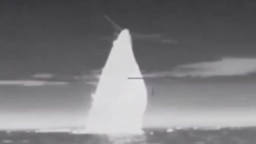 A Ukrainian military intelligence image of what is purportedly the Tsezar Kunikov sinking in the Black Sea, stern up.