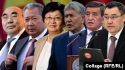 The past six presidents of Kyrgyzstan: Askar Akaev, Kurmanbek Bakiev, Roza Otunbaeva, Almazbek Atambaev, Sooronbay Jeenbekov, and Sadyr Japarov.