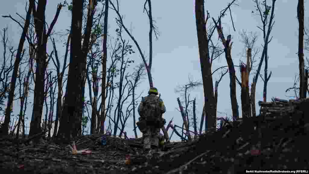 A Ukrainian soldier during the May 11 assault. Nuzhnenko says Minuhaliyev was around 300 meters away from his position when he was struck by shrapnel. &nbsp;