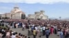 Protesters rally in Stepanakert's main square on July 14.