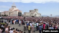Protesters rally in Stepanakert's main square on July 14.