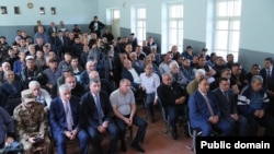 Government officials (in the first row) and residents of the village of Voskepar in the Tavush Province of Armenia, during a meeting with Prime Minister Nikol Pashinian, April 17, 2024