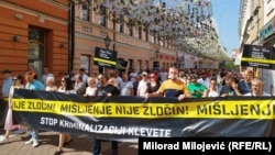 Protests and activists protest against Bosnia-Herzegovina's new defamation legislation in Banja Ljuka earleirie this week. .
