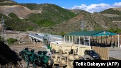 A view of an Azerbaijani checkpoint recently set up at the entry of the Lachin corridor, Nagorno-Karabakh's only land link with Armenia, by a bridge across the Hakari river, May 2, 2023. 