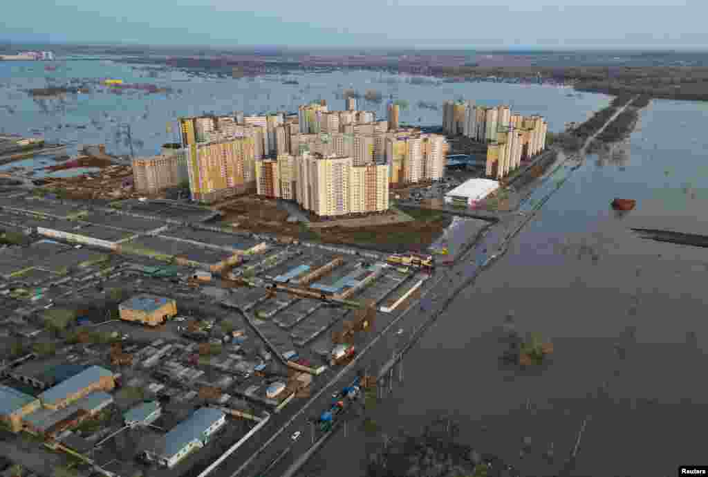 A drone view shows a flooded area around the Dubki residential complex in Orenburg, a city of half a million people. Russian officials in the Tyumen region of western Siberia and Kurgan in the south near the border with Kazakhstan on April 16&nbsp;ordered more&nbsp;evacuations&nbsp;as the Ishim and Tobol rivers continued to swell. &nbsp;