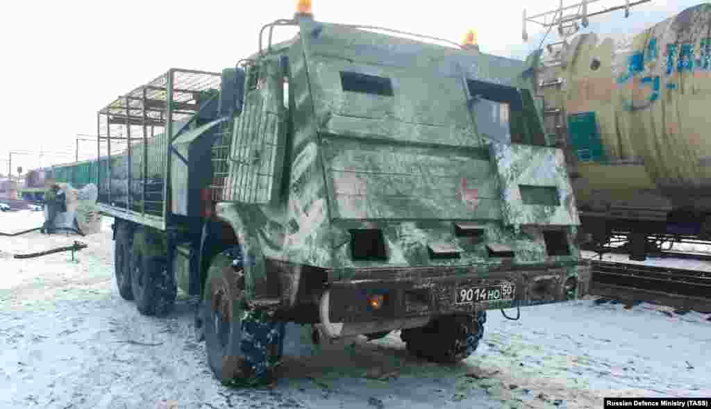 This Russian fuel transport vehicle, photographed at an unspecified location in what the Kremlin calls its &ldquo;special military operation zone,&rdquo; had wooden slats fitted across the driver&rsquo;s cabin. The red star of socialism was added to its nose. &nbsp;
