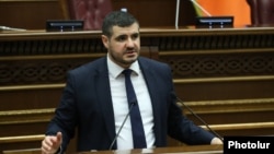 Armenia - Arman Yeghoyan, head of parliament committee on European integration, speaks at a parliamentary hearing, Yerevan, June 21, 2024.