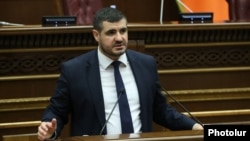 Armenia - Arman Yeghoyan, head of parliament committee on European integration, speaks at a parliamentary hearing, Yerevan, June 21, 2024.