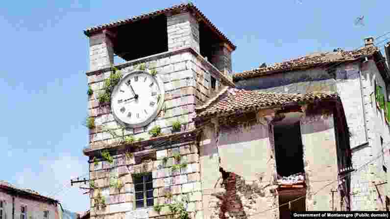 The historic town of Kotar on Montenegro&#39;s Adriatic coast was also damaged. Pictured is the historic 17th-century Clock Tower, where every loose stone was collected, marked, and later used in its restoration.