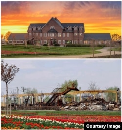 A combination photo showing the main building of Dobropark before the Russian invasion and the site in May 2022 after the site allegedly served as a staging post for Russia's invasion but had been partly restored.