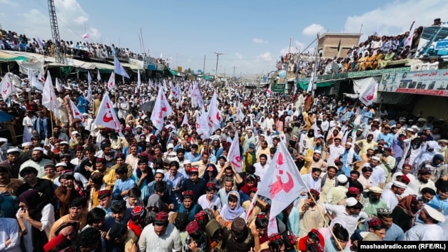 Thousands of residents gathered in Mirali, North Waziristan, at a PTM gathering in August to protest for peace.