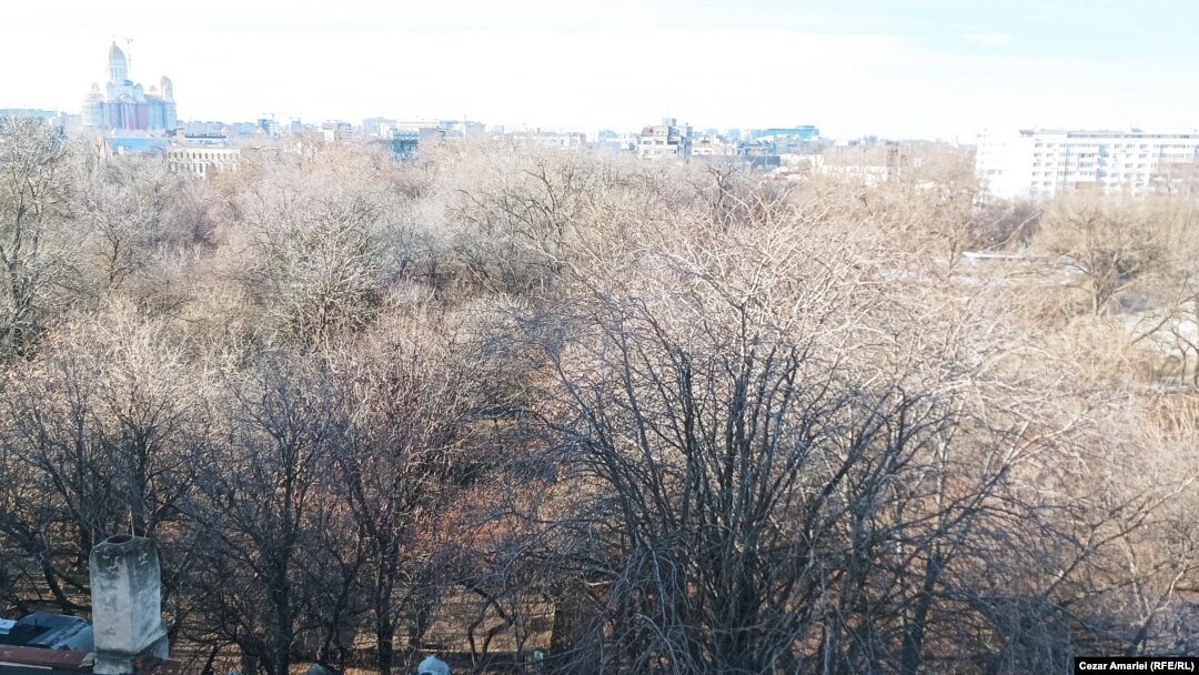 Priveliște aeriană a Parcului Cișmigiu din București, văzută din balconul unui imobil încadrat în clasa I de risc seismic