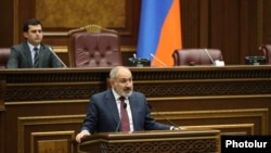 Armenian Prime Minister Nikol Pashinian speaks in parliament. May 3, 2023.