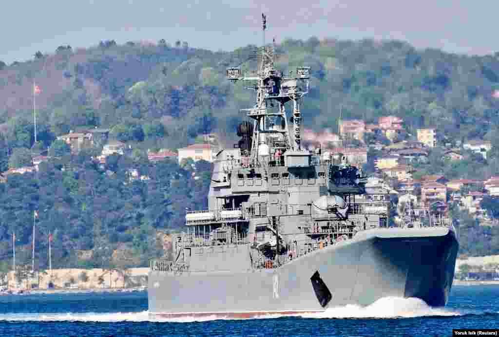 The Novocherkassk pictured in May 2021 as it sailed the Bosphorus. The Russian Defense Ministry, cited by the Interfax news agency, said Ukraine had used air-launched missiles to attack the&nbsp;Crimean port of Feodosia. &nbsp;